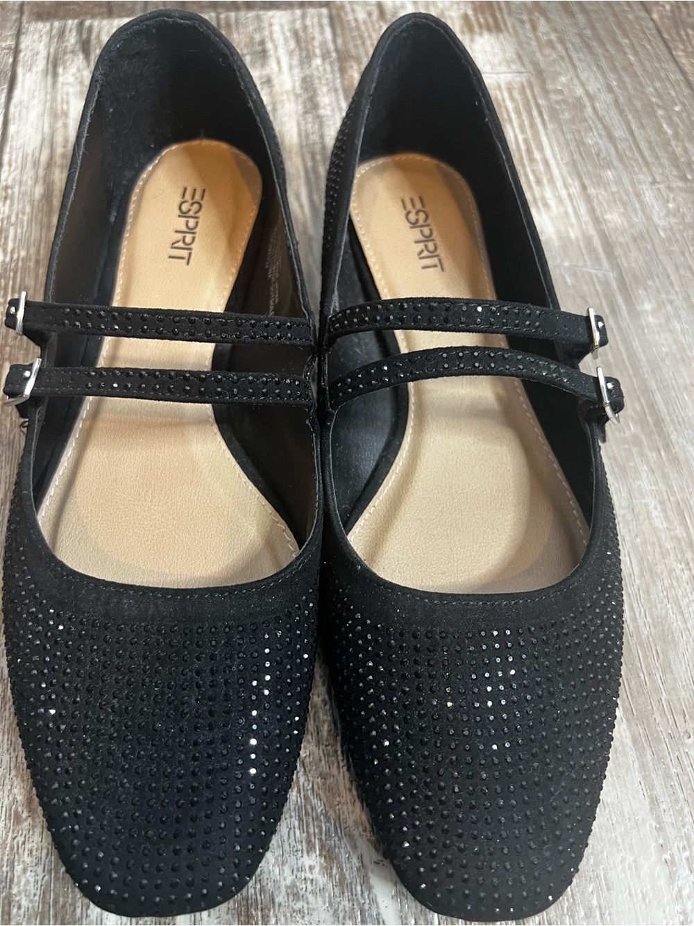 Esprit Black Double-Strap Embellished Flats